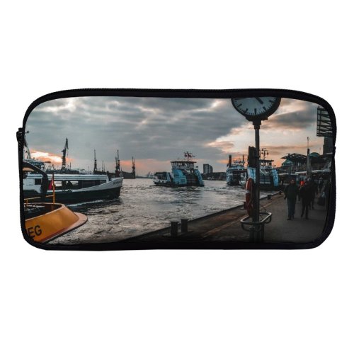 yanfind Pencil Case YHO Boats Coast Docked Clouds Port Sunset Daylight Pier Marina Clock Watercrafts Old Zipper Pens Pouch Bag for Student Office School