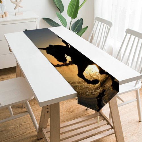 Yanfind Table Runner Backlit Sunset Splash Cavalry Light Beach Wet Outdoors Seashore Gallop Mare Ride Everyday Dining Wedding Party Holiday Home Decor