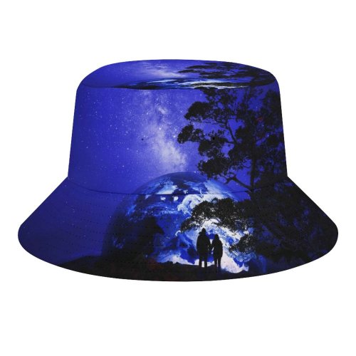 yanfind Adult Fisherman's Hat Fantasy Love Couple Dream Earth Night Silhouette Together Romantic Starry Sky Hot Fishing Fisherman Cap Travel Beach Sun protection