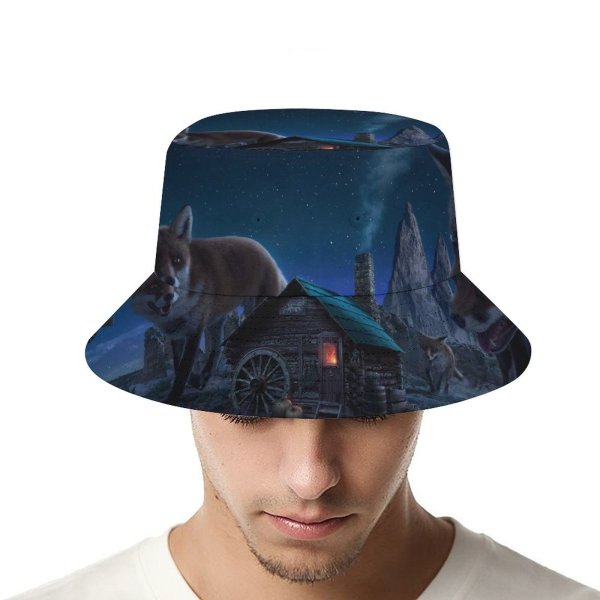 yanfind Adult Fisherman's Hat Carles Marsal Fantasy Witch Fox Wild Starry Sky Twilight Night Time Digital Fishing Fisherman Cap Travel Beach Sun protection