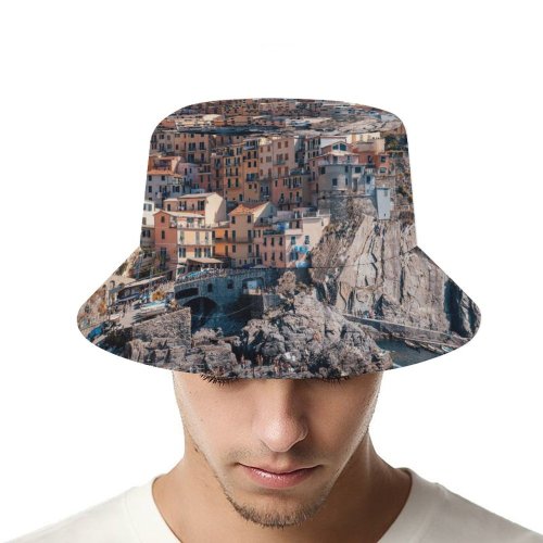 yanfind Adult Fisherman's Hat Cinque Terre Coastline Buildings Town Rocks Harbor Cliff Italy Fishing Fisherman Cap Travel Beach Sun protection