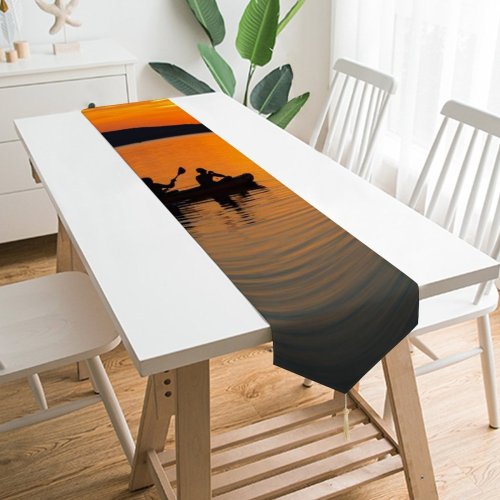 Yanfind Table Runner Backlit Silhouettes Rowing Clouds Rowboat Sunset Mountains Leisure Beach Peaceful Waters Sunrise Everyday Dining Wedding Party Holiday Home Decor