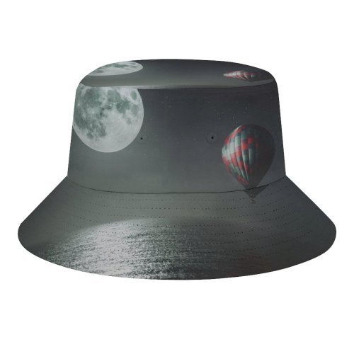 yanfind Adult Fisherman's Hat Fantasy Black Dark Hot Air Balloon Night Moon Dark Sea Stars Fishing Fisherman Cap Travel Beach Sun protection