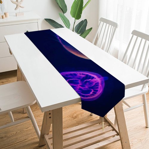 Yanfind Table Runner Irina Iriser Black Dark Jellyfishes Purple Multicolor Dark Underwater Aquarium Sealife Glowing Everyday Dining Wedding Party Holiday Home Decor