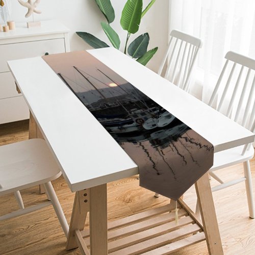 Yanfind Table Runner Marina Harbor Mast Sky Reflection Vehicle Atardecer Boat Atmospheric Port Puerto Everyday Dining Wedding Party Holiday Home Decor