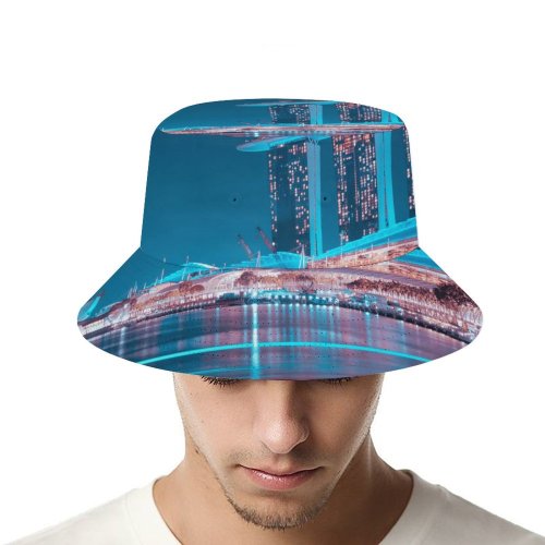 yanfind Adult Fisherman's Hat Pang Yuhao Marina Bay Sands Singapore Hour Night Lights Waterfront Reflection Modern Fishing Fisherman Cap Travel Beach Sun protection
