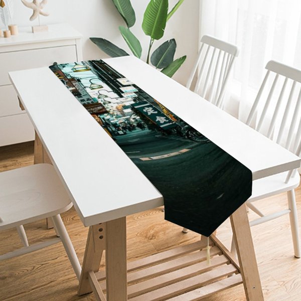 Yanfind Table Runner Billboard Street City Lights Cityscape Daylight Lamps Pavement Buildings Stores Urban Shops Everyday Dining Wedding Party Holiday Home Decor