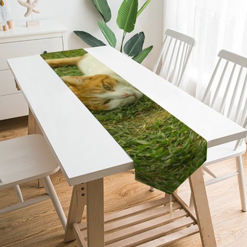 Yanfind Table Runner Young Kitty Grass Pet Outdoors Kitten Portrait Whiskers Lawn Field Cute Little Everyday Dining Wedding Party Holiday Home Decor