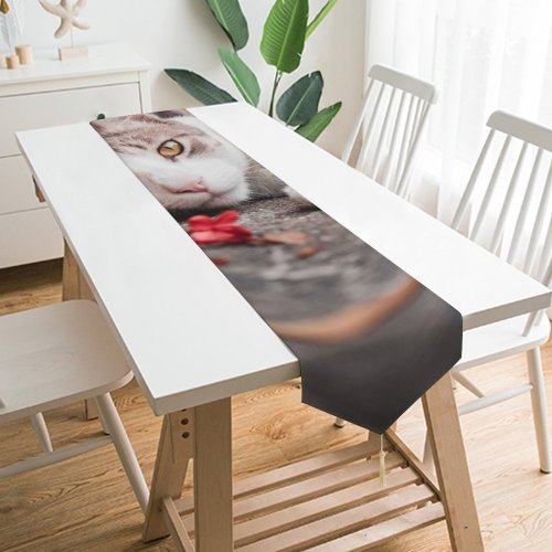 Yanfind Table Runner Young Kitty Grey Pet Funny Outdoors Street Fall Kitten Portrait Whiskers Cute Everyday Dining Wedding Party Holiday Home Decor