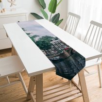Yanfind Table Runner Boats Amsterdam City Office Canal Clouds Parked Bridge Buildings Watercrafts Urban River Everyday Dining Wedding Party Holiday Home Decor