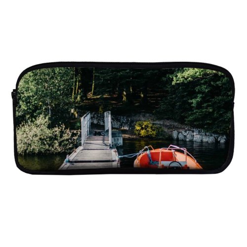 yanfind Pencil Case YHO Boat Dock Tall Watercraft Trees Lake Motorboat Zipper Pens Pouch Bag for Student Office School