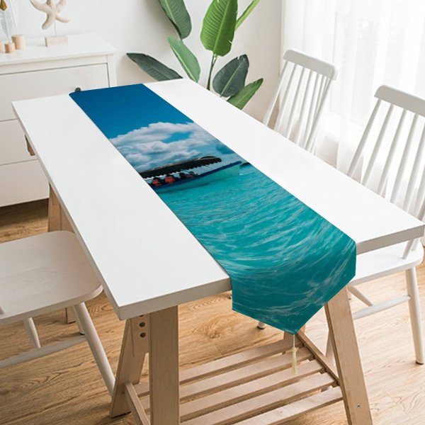 Yanfind Table Runner Beautiful Vacation Clouds Daylight Travel Sunny Leisure Motorboats Beach Turquoise Boat Transportation Everyday Dining Wedding Party Holiday Home Decor