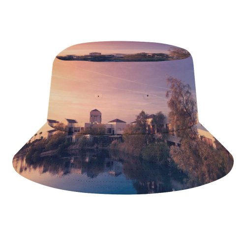 yanfind Adult Fisherman's Hat Sunset Purple Sky Colorful Sky Village Palm Trees Flying Birds Reflection Fishing Fisherman Cap Travel Beach Sun protection