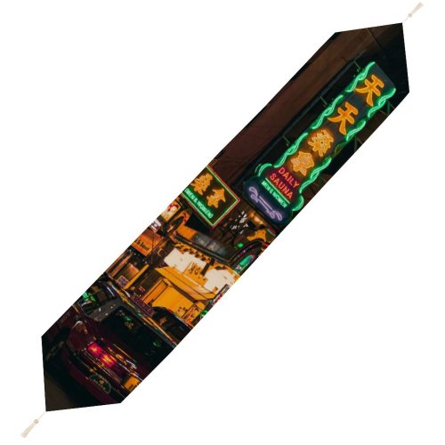 Yanfind Table Runner Billboard Street City Time Illuminated Lights Downtown Kong Taxi Evening Traffic Travel Everyday Dining Wedding Party Holiday Home Decor
