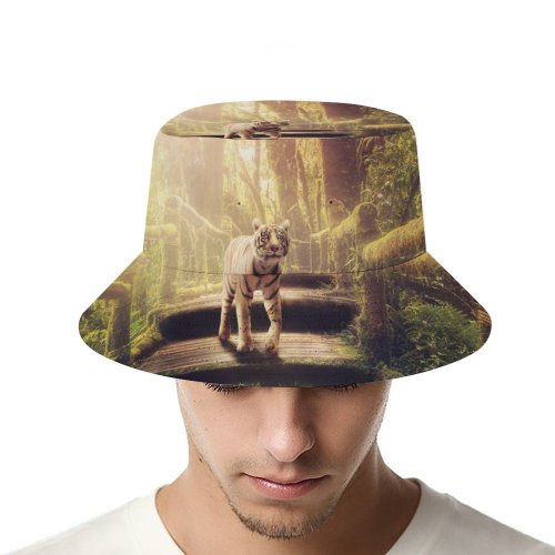 yanfind Adult Fisherman's Hat Dorothe Tiger Wooden Stairs Forest Jungle Trees Sunlight Wooden Planks Fishing Fisherman Cap Travel Beach Sun protection