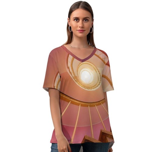 yanfind V Neck T-shirt for Women Johannes Plenio Architecture Spiral Stairs Staircase Ambient Lighting Summer Top  Short Sleeve Casual Loose