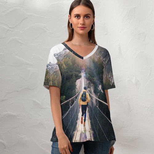yanfind V Neck T-shirt for Women Athleisure Life Outdoors Vigour Spirited Stock Free Sporty Energy Running Sunlight Summer Top  Short Sleeve Casual Loose