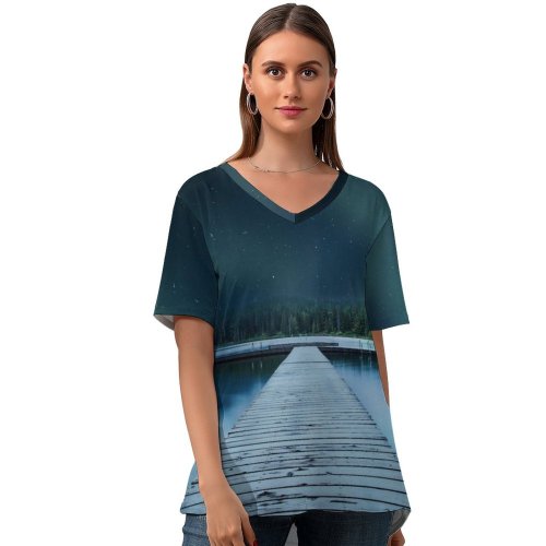 yanfind V Neck T-shirt for Women Jetty Wooden Pier Lake Aurora Borealis Clear Sky Trees Stars Summer Top  Short Sleeve Casual Loose