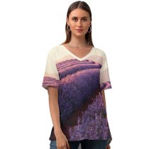 yanfind V Neck T-shirt for Women Destin Sparks Lavender Fields Lavender Flowers Sunrise Mountains Landscape Flower Garden Purple Summer Top  Short Sleeve Casual Loose