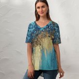 yanfind V Neck T-shirt for Women Sand Art Colorful Teal Golden Summer Top  Short Sleeve Casual Loose