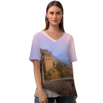yanfind V Neck T-shirt for Women Great Wall China Jinshanling Sunrise Summer Top  Short Sleeve Casual Loose