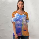 yanfind V Neck T-shirt for Women River Acidic Río Tinto Reflections Summer Top  Short Sleeve Casual Loose