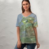 yanfind V Neck T-shirt for Women Waves Ripples Effects Texture Liquid Sea Swim Art Summer Top  Short Sleeve Casual Loose