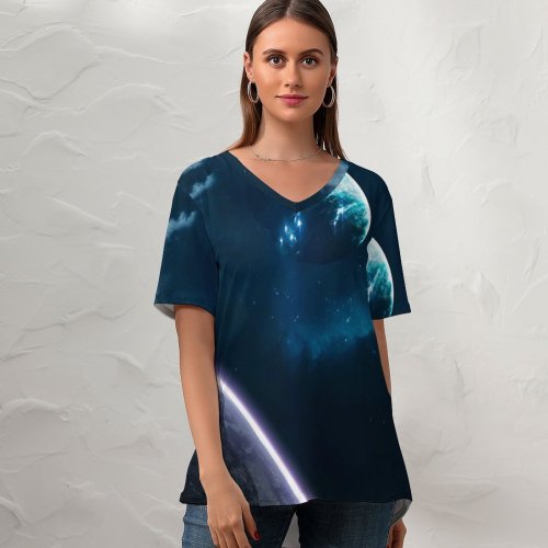 yanfind V Neck T-shirt for Women Vadim Sadovski Space Planets Earth Galaxy Universe Stars Summer Top  Short Sleeve Casual Loose