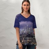 yanfind V Neck T-shirt for Women Cityscape Hong Kong Night City Lights Summer Top  Short Sleeve Casual Loose