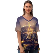 yanfind V Neck T-shirt for Women Andrés Nieto Porras Eiffel Tower Paris Night Time City Lights Cityscape Tourist Summer Top  Short Sleeve Casual Loose