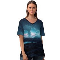 yanfind V Neck T-shirt for Women Karan Gujar Night Landscape Aurora Borealis Hexagons Starry Sky Fusion Summer Top  Short Sleeve Casual Loose