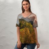 yanfind V Neck T-shirt for Women Luca Bravo Valley Funes Mountains Countryside Landscape High Mountains Summer Forest Trees Summer Top  Short Sleeve Casual Loose