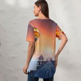 yanfind V Neck T-shirt for Women Anek Suwannaphoom Wooden Pier Hot Air Balloons Sunrise Daylight Foggy Colorful Summer Top  Short Sleeve Casual Loose