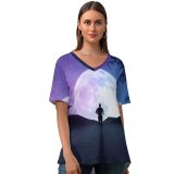 yanfind V Neck T-shirt for Women Fantasy Moon Silhouette Running Starry Sky Night Road Summer Top  Short Sleeve Casual Loose