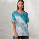yanfind V Neck T-shirt for Women Pok Rie Ocean Waves Aerial Drone Photo Summer Top  Short Sleeve Casual Loose