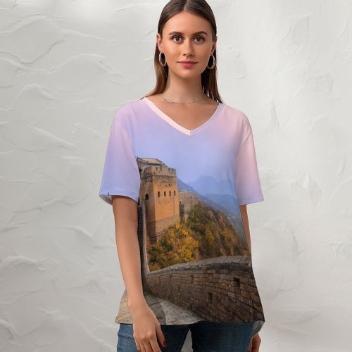 yanfind V Neck T-shirt for Women Great Wall China Jinshanling Sunrise Summer Top  Short Sleeve Casual Loose