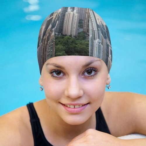 yanfind Swimming Cap Hong Kong City Victoria Peak Cityscape Daytime Aerial Skyscrapers Clouds Harbor Elastic,suitable for long and short hair