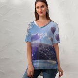 yanfind V Neck T-shirt for Women Andrés Nieto Porras Hot Air Balloon Mountains Lake Sunrays Sun Light Clouds Summer Top  Short Sleeve Casual Loose
