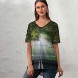 yanfind V Neck T-shirt for Women Andrew Campbell Forest Road Mist Avenue Trees Plants Spring Foggy Summer Top  Short Sleeve Casual Loose