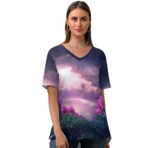 yanfind V Neck T-shirt for Women Flowers Flowers Path Thunderstorm Dark Sky Summer Top  Short Sleeve Casual Loose