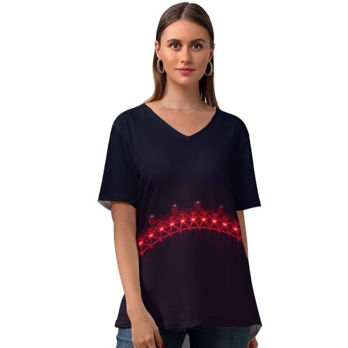 yanfind V Neck T-shirt for Women Black Dark London Eye Ferris Wheel Tourist Attraction Night Illuminated Summer Top  Short Sleeve Casual Loose