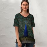 yanfind V Neck T-shirt for Women Peacock Peafowl Dark Summer Top  Short Sleeve Casual Loose