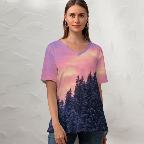 yanfind V Neck T-shirt for Women Bruno Glätsch Snow Covered Tall Trees Sunset Afterglow Winter Purple Sky Scenery Summer Top  Short Sleeve Casual Loose