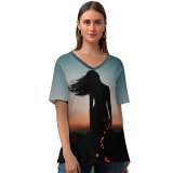 yanfind V Neck T-shirt for Women Luizclas Girl Silhouette Mood Bokeh Evening Sky Dusk Summer Top  Short Sleeve Casual Loose