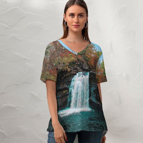 yanfind V Neck T-shirt for Women Fall Autumn I River Landscape Public Wallpapers Falloch Plant Falls Outdoors Summer Top  Short Sleeve Casual Loose