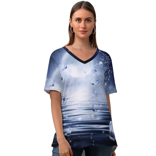 yanfind V Neck T-shirt for Women Graphics CGI Fantasy Butterflies Stars Moon Night Dark Fairy Tale Summer Top  Short Sleeve Casual Loose
