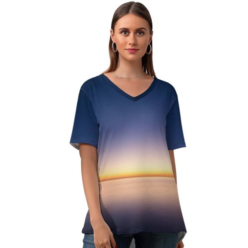 yanfind V Neck T-shirt for Women Sunset Beach Beautiful Scenery Ocean Clear Sky Horizon Seascape Summer Top  Short Sleeve Casual Loose