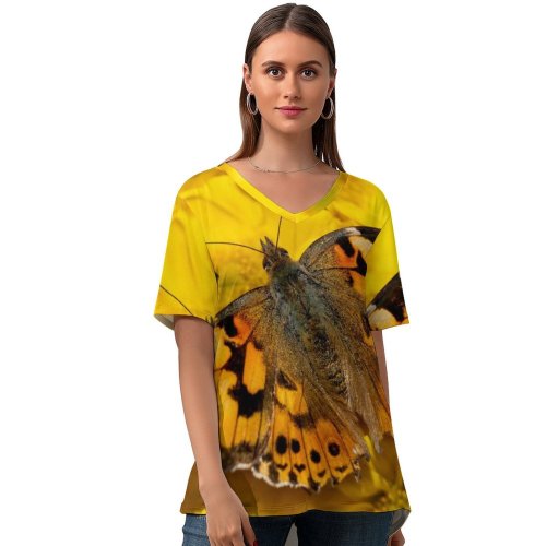 yanfind V Neck T-shirt for Women Lady Flowers Butterfly Insects Closeup Summer Top  Short Sleeve Casual Loose