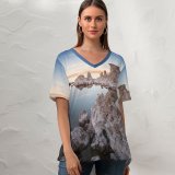 yanfind V Neck T-shirt for Women Sven Muller Mono Lake Rocky Shore Sunset Dusk Summer Top  Short Sleeve Casual Loose