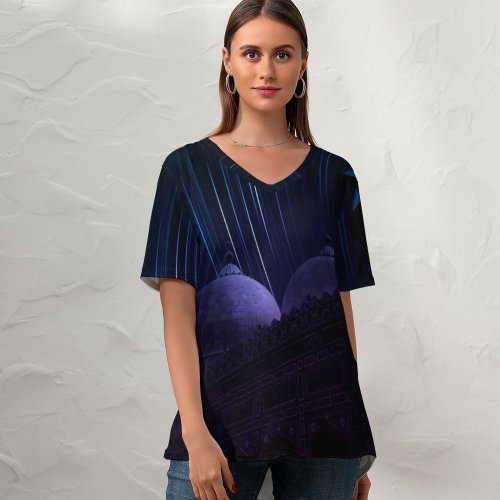 yanfind V Neck T-shirt for Women Nouman Younas Black Dark Badshahi Lahore Pakistan Masjid Star Trails Dark Night Summer Top  Short Sleeve Casual Loose